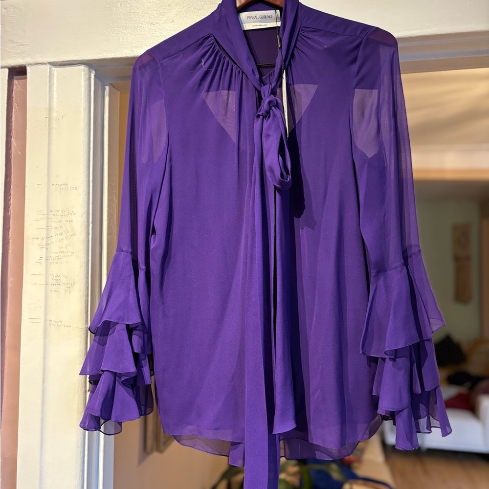 Prabal Gurung 100% Silk Purple Tie-Neck Blouse